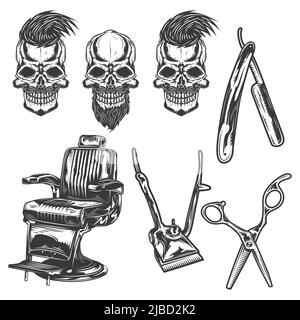 Set von Friseur-Ausrüstung und Schädel für die Erstellung Ihrer eigenen Abzeichen, Logos, Etiketten, Poster etc. Isoliert auf weiß Stock Vektor