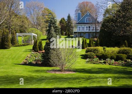 Getrimmte immergrüne Bäume und Grenzen mit Sträuchern, Blumen und weißer Pergola in schrägen Garten hinter blauem Haus im Frühjahr. Stockfoto