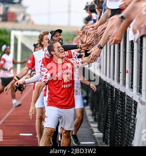 Ultimate Frisbee Competition Match - AUDL professionelle Frisbee-Spieler auf der Philadelphia Phoenix USA Disc Stockfoto