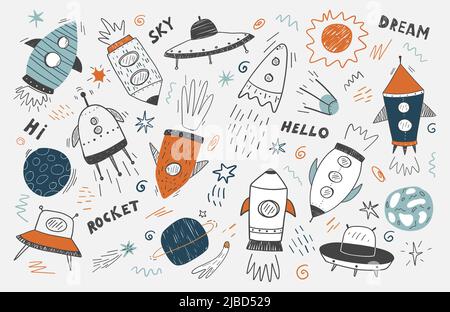 Cute Doodle Space Set, Rakete, Planet, ufo und mehr. Handgezeichnete Vektorgrafik für Kinder. Weltraumabenteuer, Weltraumforscher, Technologie, Raumschiff Stock Vektor