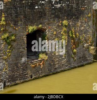 Loch in einer mittelalterlichen Mauer am Fluss Stockfoto
