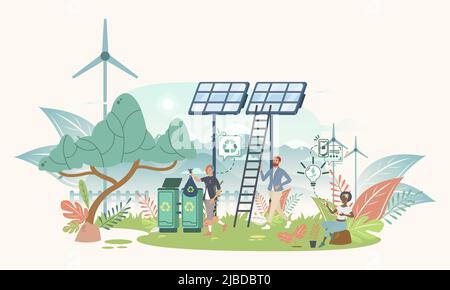 Solarzellen und Windturbinen. Konzept für erneuerbare Energien. Vektorgrafik. Stock Vektor