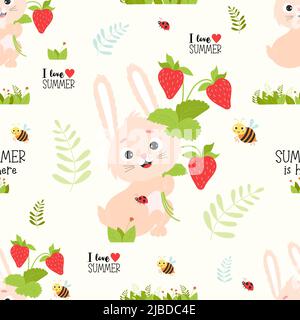 Nahtloses Sommermuster mit Kaninchen. Süßes Häschen mit Erdbeeren und Biene auf weißem Hintergrund mit Schriftzug - ich liebe den Sommer. Vektorillust Stock Vektor