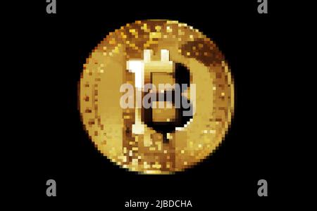 Bitcoin BTC Kryptowährung Goldmünze im retro Pixel Mosaik 80s Stil. Rotierendes goldenes Metall abstraktes Konzept 3D Illustration. Stockfoto