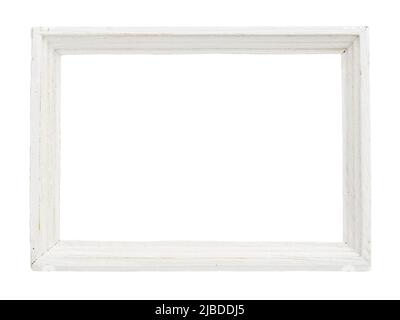 Weißer rustikaler hölzerner Bilderrahmen isoliert, Bilderrahmen-Modell-Vorlage auf weißem Hintergrund Stockfoto
