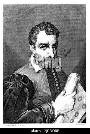 1560 Ca, ITALIEN : der italienische Architekt GIACOMO BAROZZI da VIGNOLA ( JACOPO BAROZZIO - 1507 - 1573 ) . Porträtstich von Santamaria & Failone, frontespice in der Ausgabe 1870 des Barozzi-Buches LI CINQUE ORDINI DI ARCHITETTURA, gedruckt in Mailand. - ARTE - ARCHITETTO - ARCHITETTURA - ARCHITEKTUR - KUNST - Portrait - ritratto - incisione - RINASCIMENTO - RENAISSANCE - Bart - barba --- Archivio GBB Stockfoto