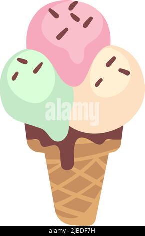 Eis flach. Drei Kugeln in Waffelkegel, sommerliches kaltes Dessert, Pistazien-Vanille- und Erdbeereis, Eisladen oder Café-Deko Stock Vektor