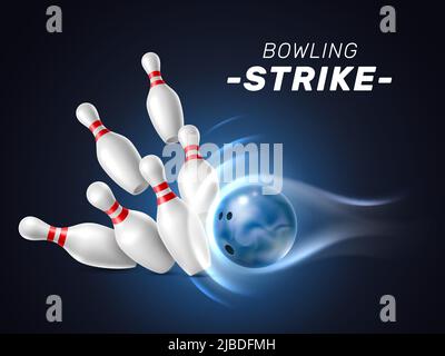 Realistischer Bowlingball. High-Speed-Flugbahn, fliegen abstürzte Pins, Absturz 3D isolierte Element, dunkle Kulisse, Team-Spiel mit Kegeln Stock Vektor