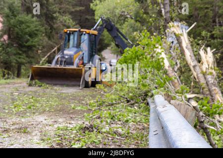 Selektiver Blick auf eine Landstraße nach einem starken Sturm wird ein verschwommener Bagger im Hintergrund bei der Säuberung von umgestürzten Bäumen gesehen. Stockfoto