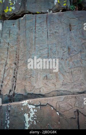 Gezeichnete Figuren auf der Steinmauer. Felsmalerei in Berg der Republik Altai, Russland Stockfoto