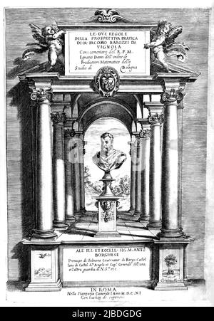 1560 Ca, ITALIEN : der italienische Architekt GIACOMO BAROZZI da VIGNOLA ( JACOPO BAROZZO - 1507 - 1573 ) . Porträtstich von Alberto Cherubini, Frontspitz des Buches LE DUE REGOLE DELLA PROSPETTIVA PRATICA, veröffentlicht im Jahr 1611, Roma, nella Stamperia camerale. - BAROZZIO - BAROCCI - ARTE - ARCHITETTO - ARCHITETTURA - ARCHITEKTUR - KUNST - Portrait - ritratto - incisione - RINASCIMENTO - RENAISSANCE - Bart - barba - COMPASSO - KOMPASS --- Archivio GBB Stockfoto