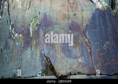 Gezeichnete Figuren auf der Steinmauer. Felsmalerei in Berg der Republik Altai, Russland Stockfoto