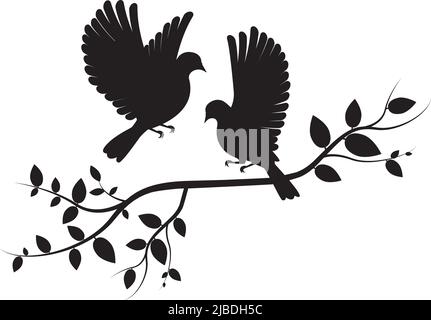 Fliegende Vögel auf Ast und Vögel paar, Vektor. Wandtattoos, Vögel auf Baumdesign. Verliebte Vögel. Natur Kunst Design. Wanddekor isoliert auf weißem Bac Stock Vektor