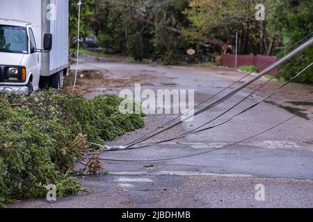 Stromausfall in einem ländlichen kanadischen Dorf nach einem starken Sturm sievt Bäume und bringt Stromkabel zum Einbruch, was die Straße blockiert. Mit Kopierbereich. Stockfoto