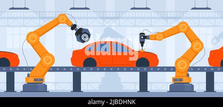 Prozess der automatisierten Automobilproduktion. Teile auf der Maschinenlinie mit Roboterhänden. Montagelinie in einem Automobilwerk. Vektorgrafiken Stock Vektor