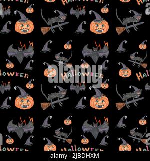 Halloween, nahtloses Muster auf schwarzem Hintergrund, Elemente werden in Aquarelltechnik von Hand gezeichnet Stockfoto