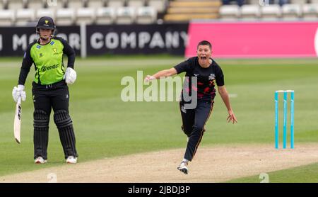 Issy Wong von Central Sparks feiert während eines T20 Charlotte Edwards-Spiels gegen Western Storm. Das Wicket war als No-Ball verboten. Stockfoto