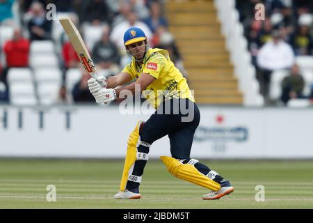 CHESTER LE STREET, GROSSBRITANNIEN. JUN 5. David Bedingham von Durham Fledermäuse während der Vitality T20 Blast Spiel zwischen Durham County Cricket Club und Northamptonshire County Cricket Club im Seat Unique Riverside, Chester le Street am Sonntag 5. Juni 2022. (Kredit: Will Matthews | MI News) Kredit: MI News & Sport /Alamy Live News Stockfoto