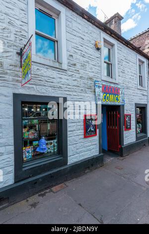 Comic Book Store an der High Street in Callander, Schottland, Großbritannien Stockfoto