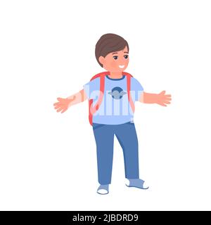 Niedliche Schuljunge mit Rucksack smilling, flache Cartoon-Vektor-Illustration isoliert auf weißem Hintergrund. Kind Zeichentrickfigur geht zur Schule mit Bac Stock Vektor