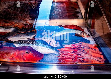 Nahaufnahme von frischen Garnelen und Fischen auf dem Eis im Fishermen Market Store Shop. Meeresfrüchte sind ein wichtiger Teil der kroatischen Küche. Stockfoto