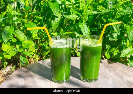 Zwei Gläser mit Getränken aus frischen Kräutern, Smoothies aus grünen, mit Chlorophyll gesättigten Blättern auf Minzgrund. Gesunde Ernährung. Stockfoto