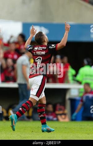 Janeiro, Brasilien. Am 05. Juni 2022 feiert Everton Ribeiro von Flamengo im Rahmen der Brasileirao Serie A 2022 im Maracana Stadium am 05. Juni 2022 in Rio de Janeiro, Brasilien, einen Torstand während des Spiels zwischen Flamengo und Fortaleza. Dieses Spiel gilt für die dritte von achtunddreißig Runden der Brasileirao Serie A 2022. Stockfoto