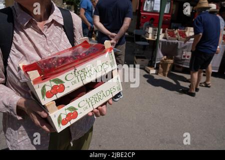 Terrades, Spanien. 05.. Juni 2022. Eine Frau trägt Kisten mit Kirschen. Nachdem die XXV Fira Mercat de la cirera (Kirschenmesse) wegen Covid-19 für zwei Jahre in Folge ausgesetzt wurde, fand sie wieder in Terrades, Girona, statt. Kredit: SOPA Images Limited/Alamy Live Nachrichten Stockfoto