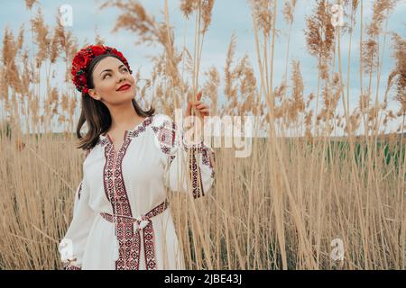 Ukrainische Frau in Stickerei vyshiwanka Kleid auf Natur Hintergrund. Stockfoto