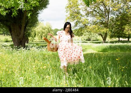 Schöne asiatische Frau zu Fuß in einem Feld mit Picknickkorb im Sommer Stockfoto