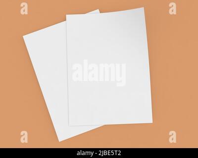 A4 Blatt Büropapier auf braunem Hintergrund. 3D Darstellung rendern. Stockfoto
