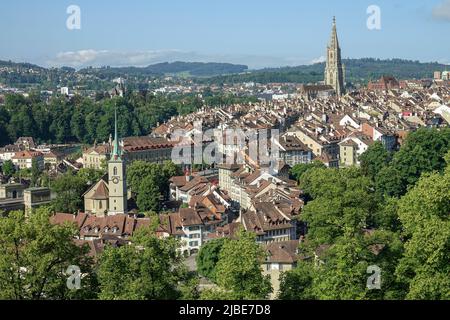 Panoramablick auf die Berner Altstadt von oben im Rosengarten Stockfoto