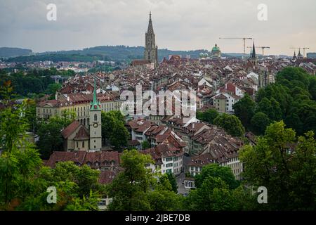 Panoramablick auf die Berner Altstadt von oben im Rosengarten Stockfoto