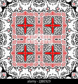 Rot-schwarzes, nahtlos Arabeske Mosaik-Bandana-Muster. Moderner maskuliner Halstuch mit geometrischem Schals-Druck, abstrakter Grafikmode und Tapetenkunst Stockfoto
