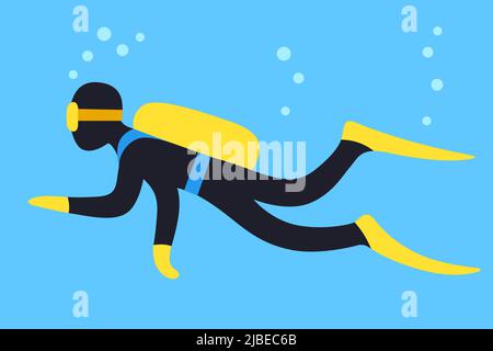 Scuba Diving Cartoon Vektorgrafik. Taucher schwimmen unter Wasser auf blauem Hintergrund. Stock Vektor