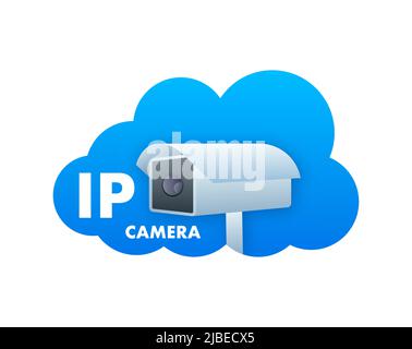 IP-Kamera in flacher Ausführung. 3D Vektorsymbol. Online-soziales Netzwerk. Vektorlogo Stock Vektor