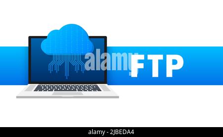 FTP-Dateiübertragungssymbol auf dem Laptop. FTP-Technologie-Symbol. Übertragen Sie Daten an den Server. Vektorgrafik Stock Vektor