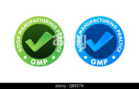 GMP Good Manufacturing Practice zertifiziert runden Stempel. Vektorhintergrund. Vektorlogo. Stock Vektor