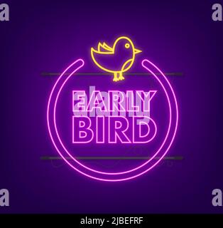 Frühbucherrabatt. Preisschild des Rabattangebots. Moderne Werbevorlage. Neonsymbol. Vektorgrafik Stock Vektor