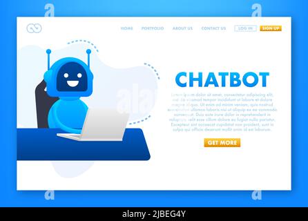 Vektor flach modernen Stil Cartoon Figur Illustration Icon Design. Chat bot Roboterkonzept auf Laptop-Bildschirm. Vektorgrafik Stock Vektor