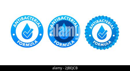 Antibakterielle und Viruslösung. 3D Schildsymbol. Weißer Hintergrund Stock Vektor