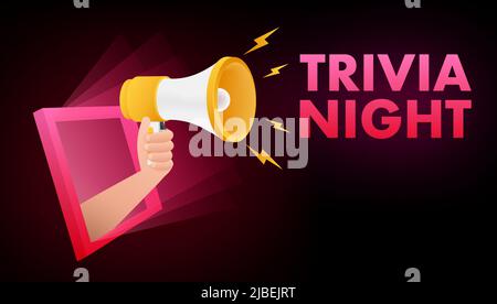 Hand hält Megaphon mit Trivia Nacht. Megaphon-Banner. Webdesign. Vektorgrafik Stock Vektor
