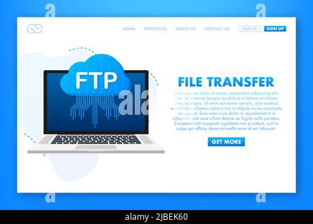 FTP-Dateiübertragungssymbol auf dem Laptop. FTP-Technologie-Symbol. Übertragen Sie Daten an den Server. Vektorgrafik Stock Vektor