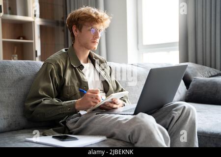 Junger rothaariger Geschäftsmann schaut sich das Online-Webinar an, während er sich einen Laptop ansieht Stockfoto