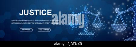Skaliert polygonales horizontales Banner. Gerechtigkeit low Poly Symbol für Kopf Förderung Banner. Gesetz Design Vorlage Illustration Konzept. Stock Vektor