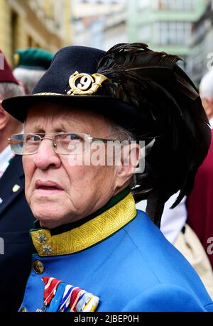 Juni 6. 2013. Weltkrieg zwei Veteranen treffen sich zu einer Zeremonie am Denkmal der Ewigen Flamme in Sarajevo, Bosnien und Herzegowina. Stockfoto