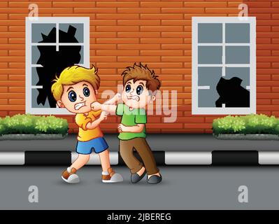 Cartoon zwei Jungen kämpfen auf der Straße Stock Vektor