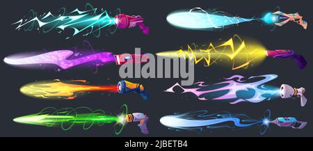 Space Guns vfx Effekt, Laser Blaster mit plasmischen Strahlen und Strahlen. Raygun Pistolen, Kinderspielzeug oder futuristische Alien-Waffe. Spiel Comic Energie Phaser mit bunten Blitzen, Cartoon-Vektor-Illustration Stock Vektor