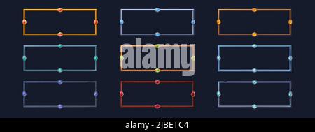 Rechteckige Rahmen für den Avatar des Spielbenutzers. Vektor-Cartoon-Set von leeren Rahmen aus Gold, Silber, Stahl, Holz und Stein Grenzen mit Kristallen und Edelsteine isoliert auf schwarzem Hintergrund Stock Vektor
