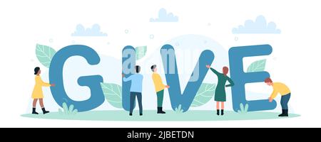 Spendenposter mit winzigen Freiwilligen und Schriftzug. Cartoon Menschen spenden humanitäre Hilfe in großzügigen Projekt, geben Briefe in den Händen flach Vektor-Illustration. Kampagne, Hilfekonzept Stock Vektor